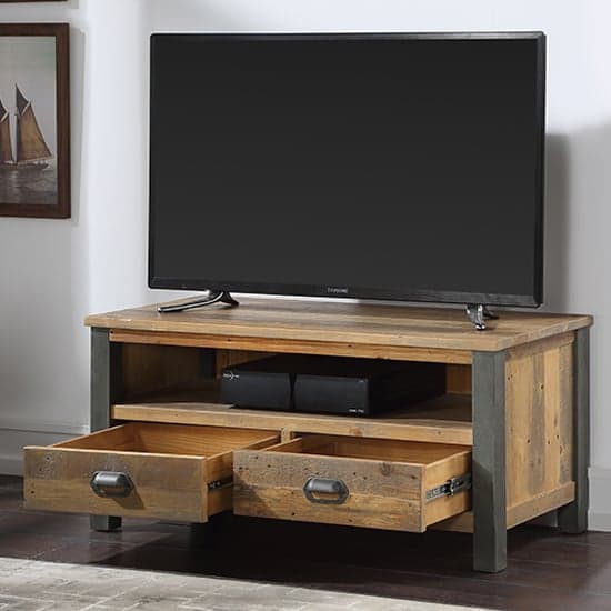 Nebura Wooden Widescreen 2 Drawers TV Stand In Reclaimed Wood_2