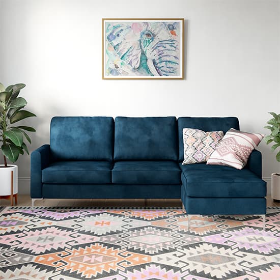 Necton Velvet Corner Sofa In Blue With Chrome Legs