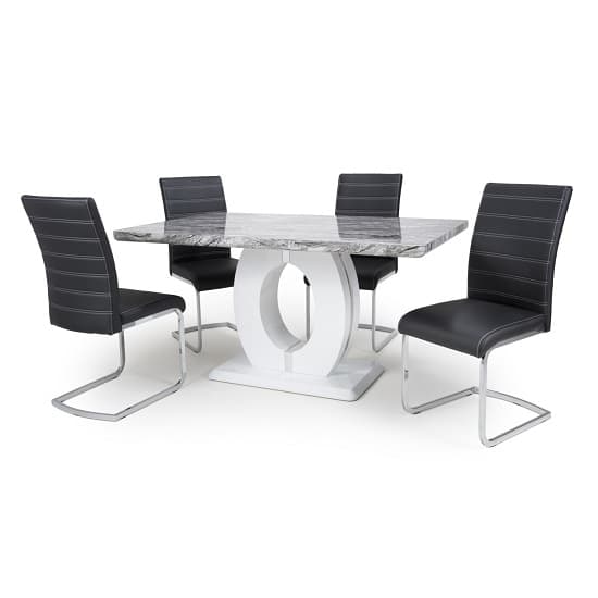 Naiva Gloss Marble Effect Dining Table With 4 Black Chairs