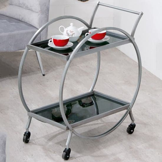 Newkirk Black Glass Serving Trolley Round With Grey Metal Frame_1