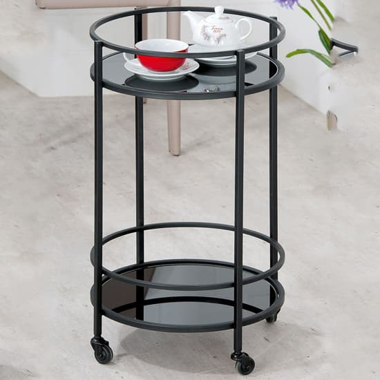 Newkirk Glass Serving Trolley Round With Metal Frame In Black_1