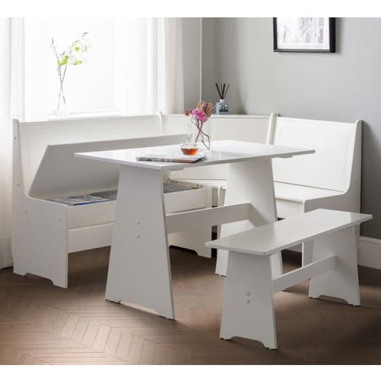 Nadira Corner White Wooden Dining Table With Storage Bench Furniture