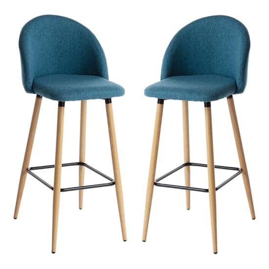 Nissan Blue Fabric Bar Stools With Wooden Legs In Pair_1