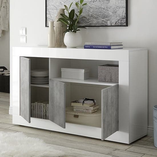 Nitro 3 Door Wooden Sideboard In White Gloss And Cement Effect_2
