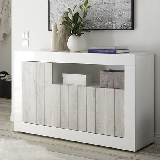 Nitro 3 Doors Wooden Sideboard In White Gloss And White Pine