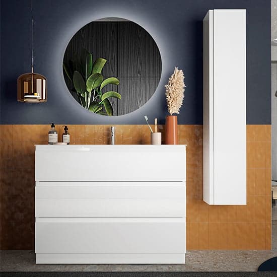 Nitro High Gloss 100cm Floor Vanity Unit With 3 Drawers In White_2