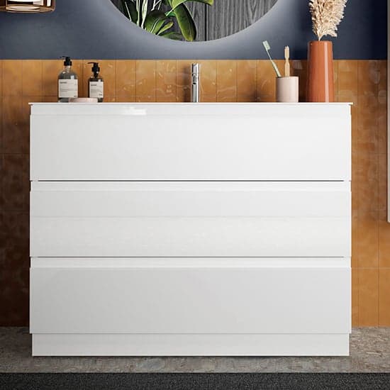 Nitro High Gloss 100cm Floor Vanity Unit With 3 Drawers In White_1
