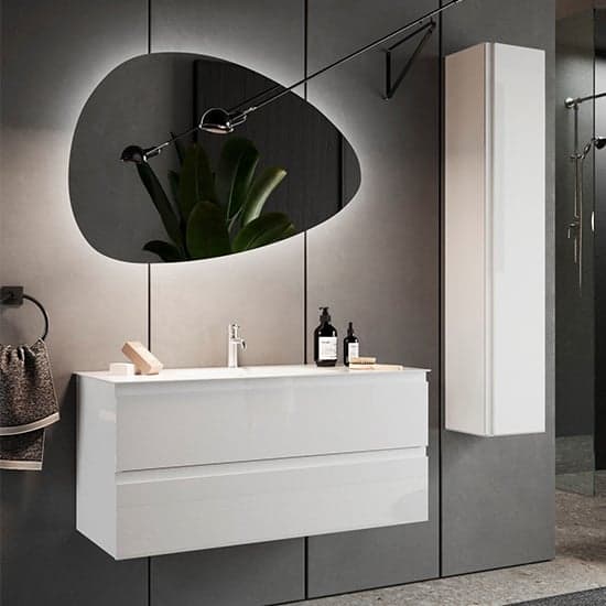 Nitro High Gloss 100cm Wall Vanity Unit With 2 Drawers In White_2