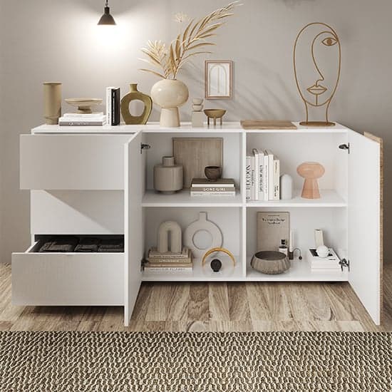 Noa High Gloss Sideboard With 2 Doors 3 Drawers In White And Oak_2