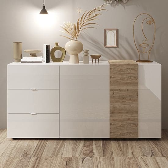 Noa High Gloss Sideboard With 2 Doors 3 Drawers In White And Oak_1