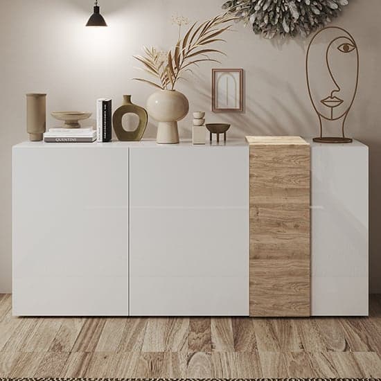 Noa High Gloss Sideboard With 3 Doors In White And Oak_1