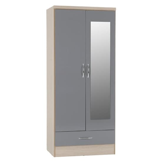 Noir 2 Doors 1 Drawer Mirrored Wardrobe In Grey Gloss And Oak_1
