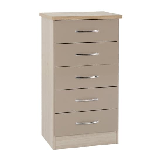 Noir 5 Drawers Narrow Chest Of Drawers In Oyster Gloss And Oak_1
