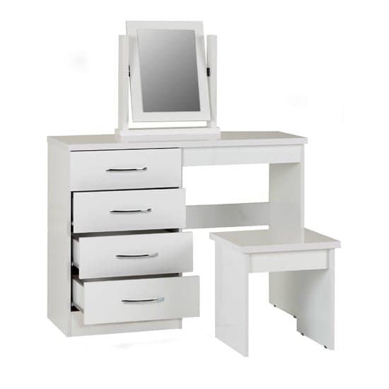 Noir Dressing Table Set In White High Gloss With 4 Drawers_2