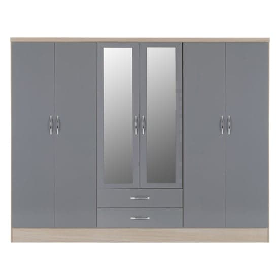 Noir Gloss 6 Door 2 Drawer Wardrobe In Grey And Light Oak_2