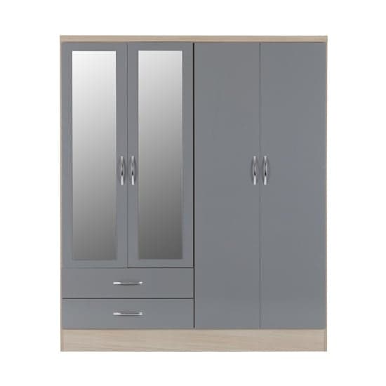 Noir 4 Doors 2 Drawers Mirrored Wardrobe In Grey Gloss And Oak_2
