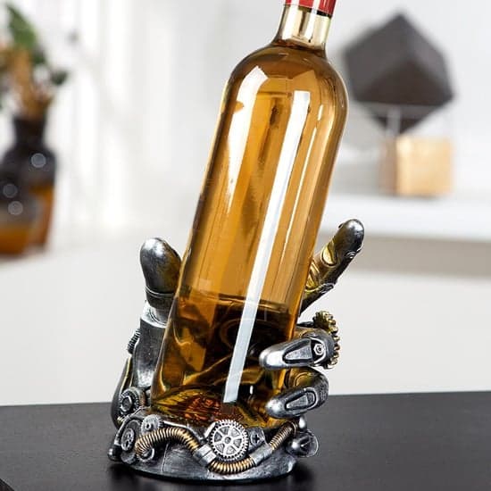 Ocala Polyresin Bottle Rack Steampunk Hand Sculpture In Silver_1