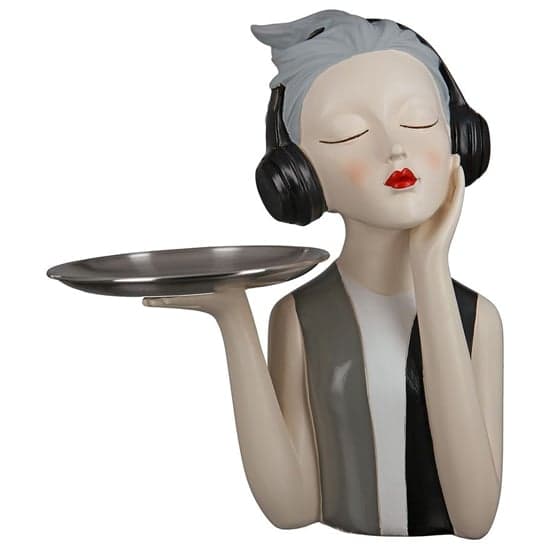 Ocala Polyresin Girl With Headphone Sculpture In Grey And Beige_1