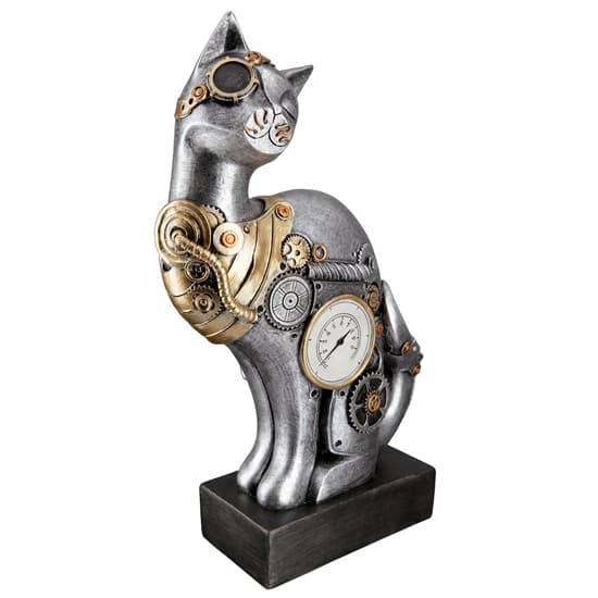 Ocala Polyresin Steampunk Cat Sculpture In Silver And Gold_3