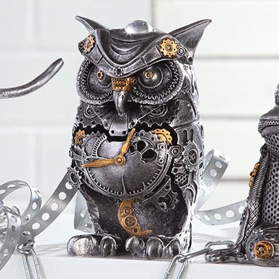 Ocala Polyresin Steampunk Owl Stand Sculpture In Silver_1