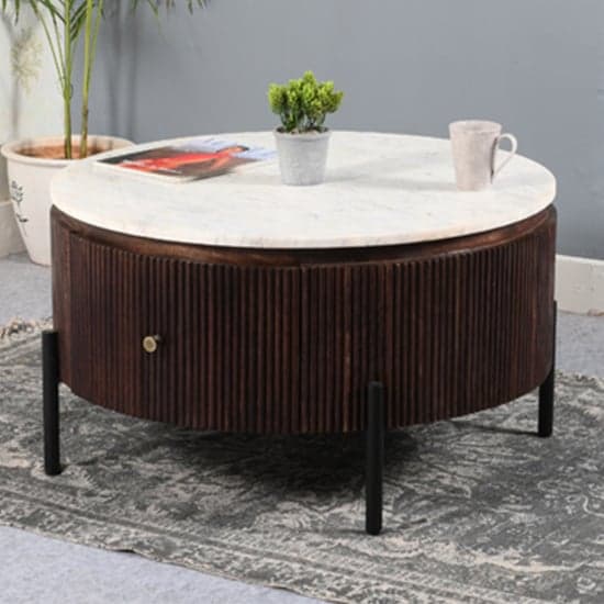 Ocala White Marble And Wood Round Coffee Table In Dark Mahogany_1