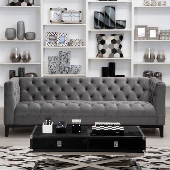 Okab Upholstered Velvet 3 Seater Sofa In Grey_1