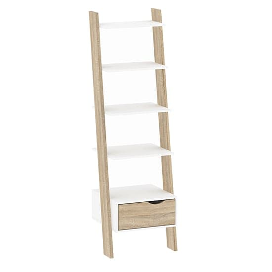 Oklo Leaning 1 Drawer Bookcase In White And Oak_1
