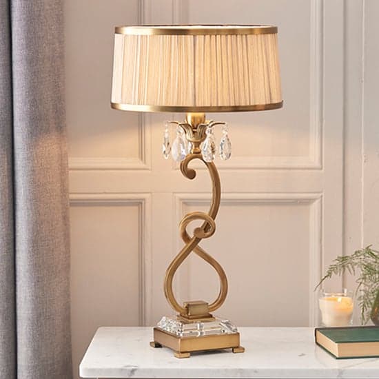Oksana Medium Table Lamp In Antique Brass With Beige Shade_1