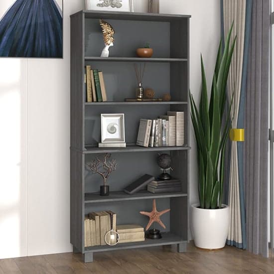 Olavi Solid Pinewood Bookcase With 4 Shelves In Dark Grey_1