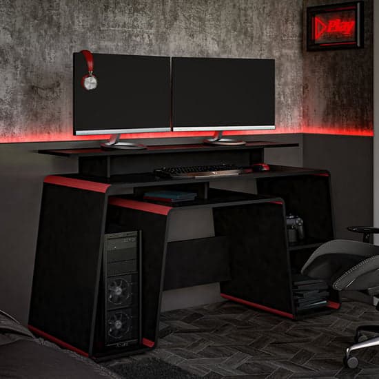 Onyx Wooden Gaming Desk In Black And Red