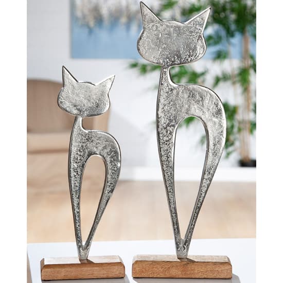Oro Aluminium Cat Luna On Wood Base Sculpture Large In Silver_2