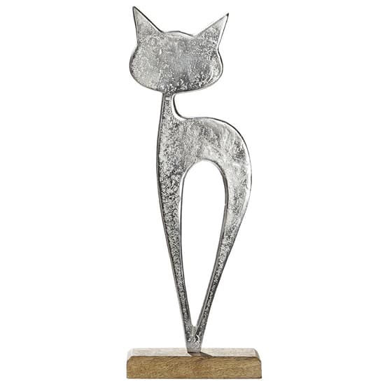Oro Aluminium Cat Luna On Wood Base Sculpture Large In Silver_1
