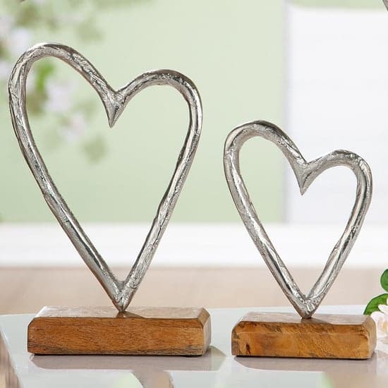 Oro Aluminium Heart On Wood Base Sculpture In Silver_1