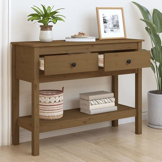 Orsin Pine Wood Console Table With 2 Drawers In Honey Brown_2