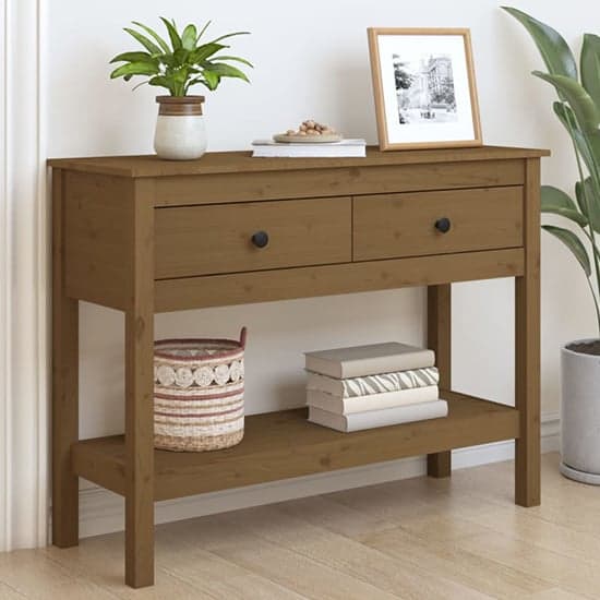 Orsin Pine Wood Console Table With 2 Drawers In Honey Brown_1