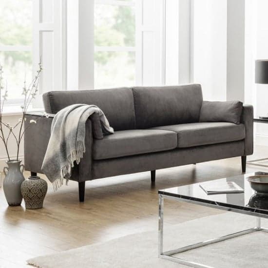 Hachi 3 Seater Sofa In Grey Velvet With Wooden Legs_1
