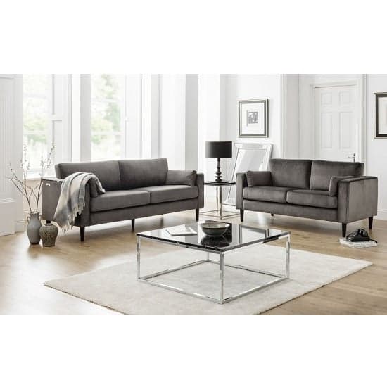 Hachi 3 Seater Sofa In Grey Velvet With Wooden Legs_3