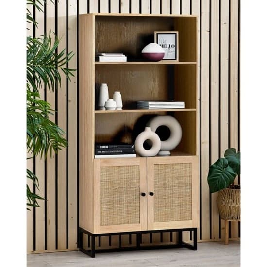 Pabla Wooden Tall Bookcase With 2 Doors 2 Shelves In Oak_1