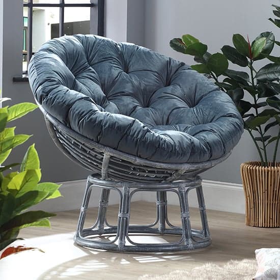 Palhoca Rattan Accent Chair In Grey With Velvet Blue Cushion_1