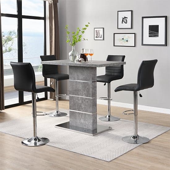 Parini Concrete Effect Bar Table With 4 Ripple Black Stools Furniture