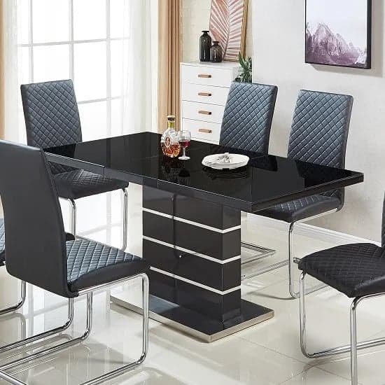 Parini Extending Black High Gloss Dining Table 6 Black Chairs_3