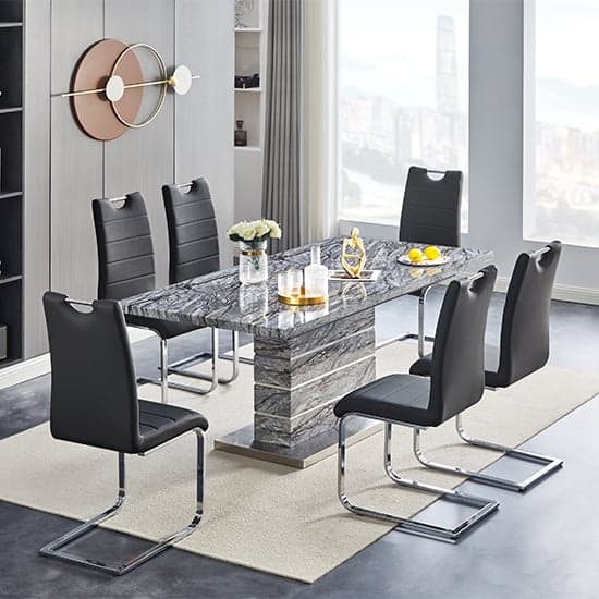 Parini Extendable Dining Table In Melange 6 Petra Black Chairs_1