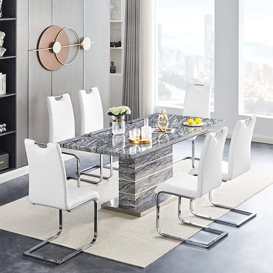 Parini Extendable Dining Table In Melange 6 Petra White Chairs_1