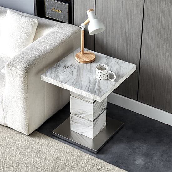 Parini High Gloss Lamp Table Square In Magnesia Marble Effect_3