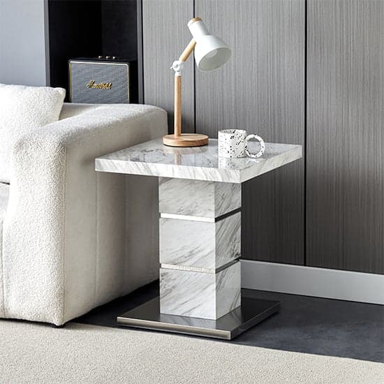Parini High Gloss Lamp Table Square In Magnesia Marble Effect_1