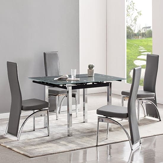 Paris Extending Grey Glass Dining Table 4 Romeo Grey Chairs