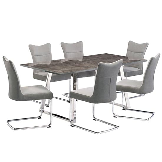 Paroz Wooden Dining Table With 6 Pasake Grey Leather Chairs