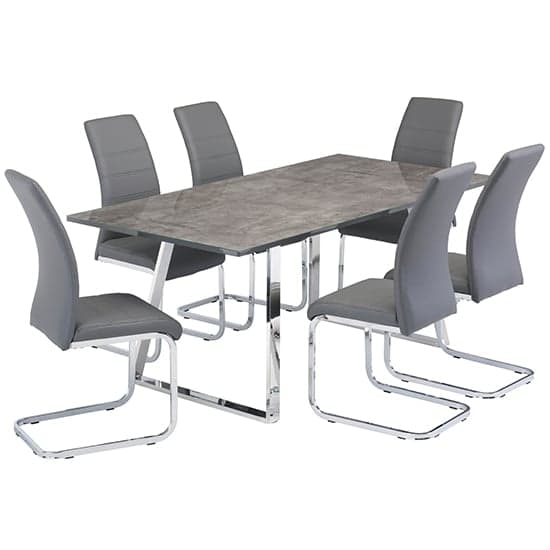 Paroz Wooden Dining Table With 6 Sako Grey Leather Chairs