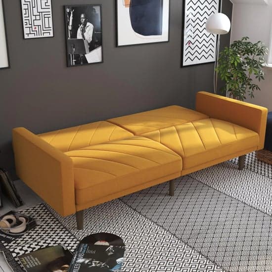 Pawson Linen Fabric Sofa Bed With Wooden Legs In Mustard_3