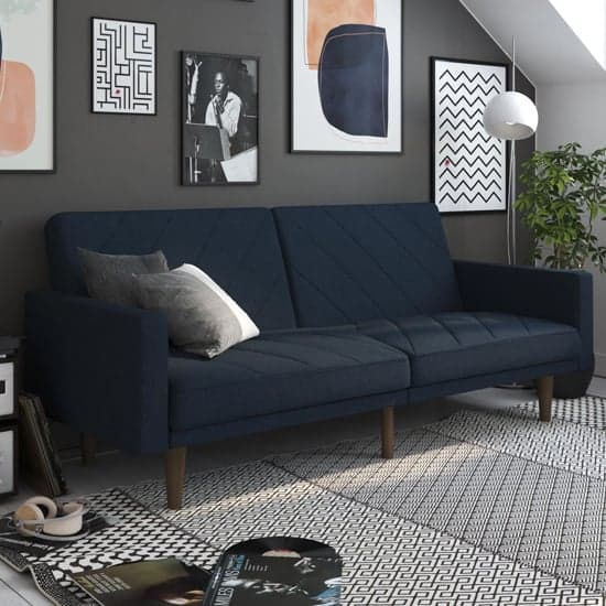 Pawson Linen Fabric Sofa Bed With Wooden Legs In Navy Blue_1